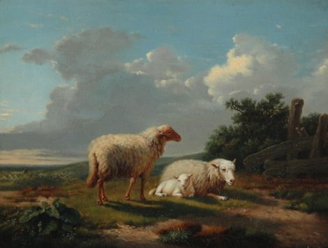 Joseph van Dieghem - Landscape with two sheep and a lamb, oil on panel 18.8 x 24.5 cm, signed m.r. and dated 1855