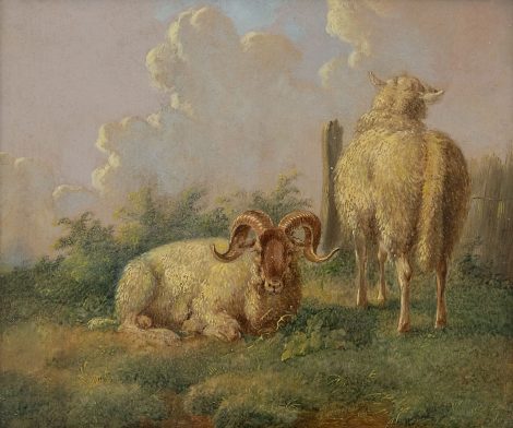 Albertus Verhoesen - Sheep on a summary pasture, oil on panel 14.5 x 16.5 cm, signed r.o.t.c. and dated 1845
