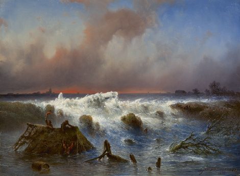 Johannes Hilverdink - The rupture of the ‘Grebbedijk’ on March 5th 1855, oil on panel 37,1 x 50,1 cm, signed l.r. and dated 1855