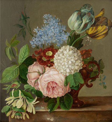Johan van Hulstijn - A still life with roses, tulips, primula and other flowers, oil on panel 29.3 x 26.9 cm, signed l.r.