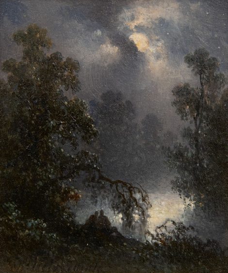 Johannes Hilverdink - A pond with two figures by moonlight, oil on panel 10.8 x 9.1 cm, signed l.l.