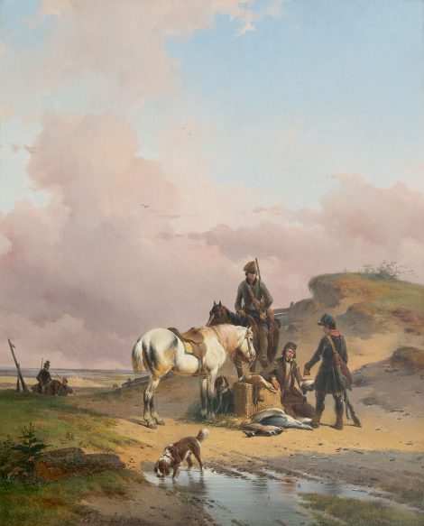 Joseph Moerenhout - After the hunt, oil on canvas 65.8 x 53.3 cm, signed left of the centre and dated 1840