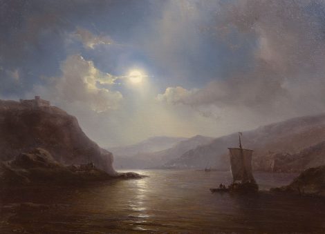 Louis Meijer - A moonlit river landscape with a moored sailing ship, oil on panel 30.0 x 41.4 cm, signed l.r.