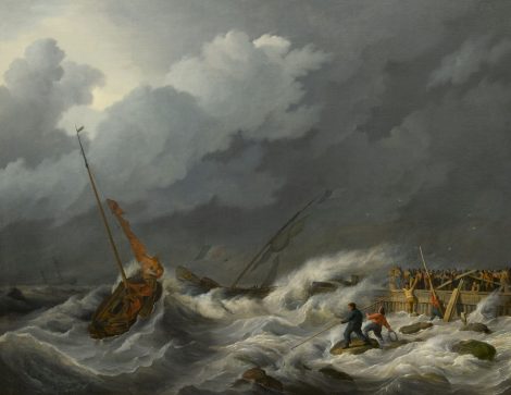 Johannes Hermanus Koekkoek - Sailing ships entering a harbout in a heavy storm, oil on canvas 97.2 x 123.3 cm, ca. 1810