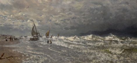 Johan Hendrik Wijtkamp - Fishing boats in the surf, oil on canvas 82.0 x 174.0 cm, signed l.r. and dated 1888