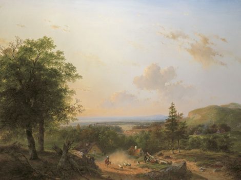 Andreas Schelfhout - A shepherdess and her flock in a hilly summer landscape, oil on canvas 110.4 x 146 cm, signed l.l. and dated 1849