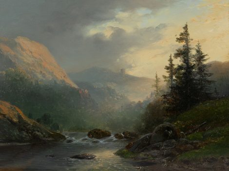 Hendrikus van de Sande Bakhuyzen - Wild mountain landscape with ruin, oil on panel 22.8 x 30.4 cm, signed l.r. and dated '48