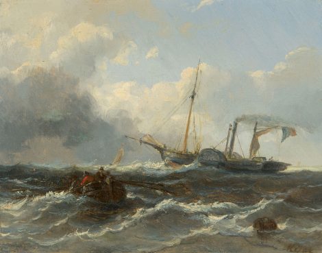 Louis Meijer - Rowing boat and a steamship at sea, oil on panel 14.9 x 19.0 cm, signed l.r.