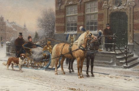 Otto Eerelman - Horse-drawn sleigh in a town, oil on canvas 60.3 x 90.3 cm, signed l.l.