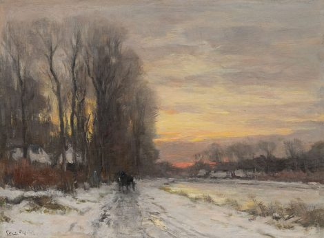 Louis Apol - Snow landscape at sunset, oil on canvas 31.5 x 42.4 cm, signed l.l.