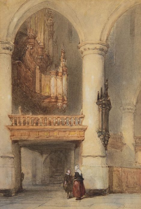 Johannes Bosboom - Interior or the oude Kerk in Delft, chalk and watercolour on paper 28.2 x 19.5 cm , signed l.r. and executed ca. 1855