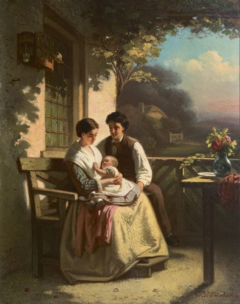 Pieter Jan Onderberg - A young family on a porch, oil on panel 42.0 x 33.1 cm, signed l.r.