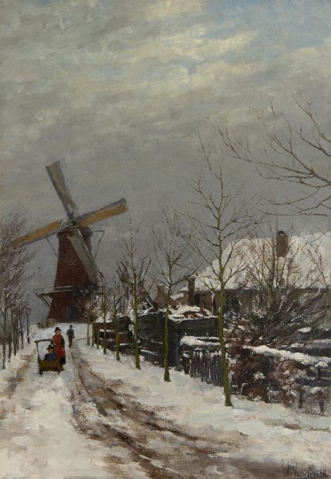 Jan Hillebrand Wijsmuller - Children in the snow at a windmill, oil on canvas 57.3 x 41.0 cm cm, signed l.r.