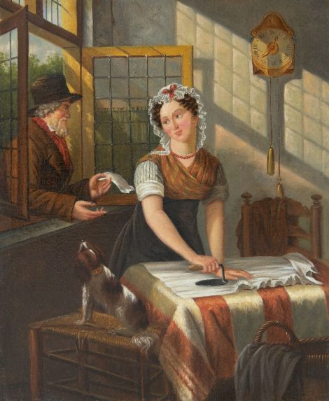 Jan Braet von Uberfeldt - The love letter, oil on canvas 32.8 x 27.5 cm, signed c.l. with initials and in full on the stretcher and geddated 1852