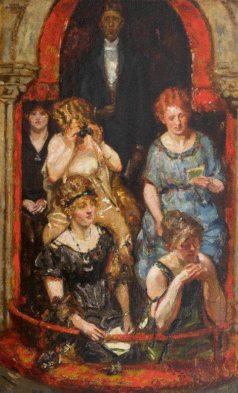 Martin Monnickendam - Lodge in the theater, oil on canvas 84.0 x 51.5 cm, signed u.l. and dated 1922