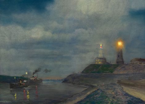 Herman Heijenbrock - Harbour of IJmuiden at dusk with the lighthouse and semaphore, pastel on paper 64.5 x 86.5 cm, signed l.l.