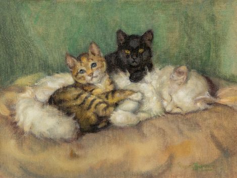 Dé Tijdeman - Mother and two kittens, oil on canvas 30.5 x 40.5 cm, signed l.r.
