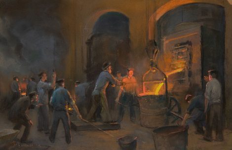 Herman Heijenbrock - In the iron foundry, pastel on paper 38.9 x 59.3 cm, signed l.l.