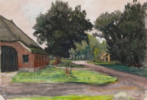 Jannes de Vries - Farmyard in Drenthe, pen and ink and watercolour on paper 41.6 x 60.1 cm, signed l.l. and dated 1980