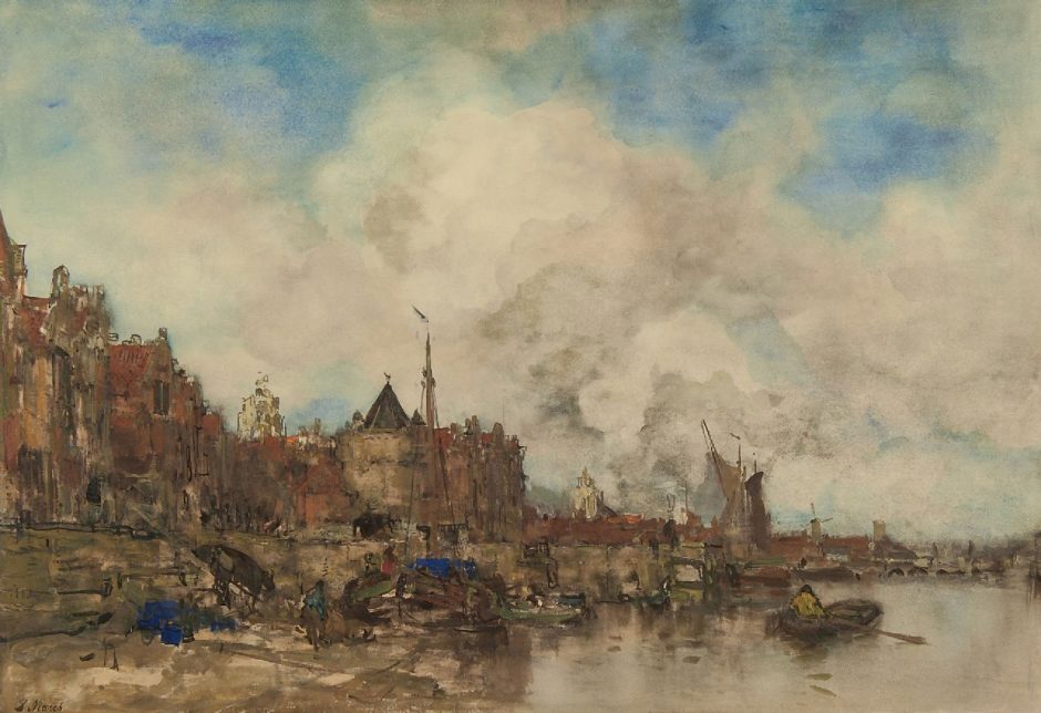 Jacob Maris - A capriccio view of Amsterdam, watercolour on paper 64.0 x 91.0 cm, signed l.l. and painted ca. 1885