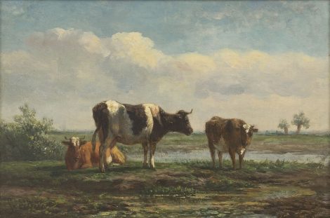 Simon van den Berg - Cattle in a polder landscape, oil on panel 17.6 x 26.0 cm, signed l.l.