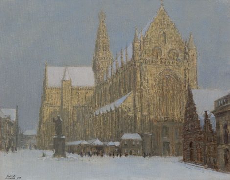 Herman Heuff - The St. Bavokerk in Haarlem in winter, oil on canvas 49.3 x 63.2 cm, signed l.l. and dated 1919