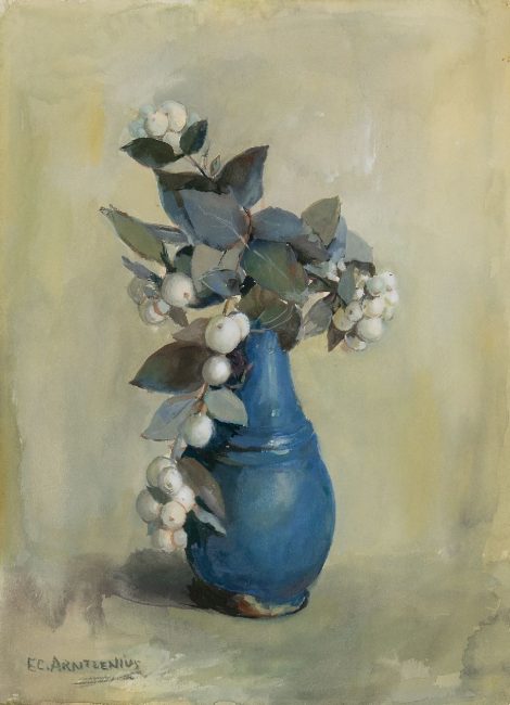 Elise Arntzenius - Snow berries in a blue vase, gouache on paper 36.8 x 27.3 cm cm, signed l.l.
