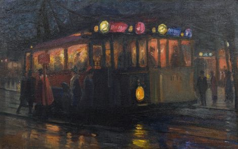 Marius Richters - Streetcars near the Beursplein, Rotterdam, oil on canvas 70.0 x 110.2 cm, signed l.l. and painted ca. 1913