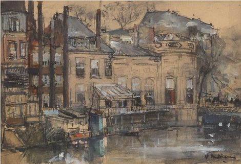 Floris Arntzenius - View of the backside of the Binnenhof, The Hague, black chalk and watercolour on paper 11.6 x 16.6 cm, signed l.r.