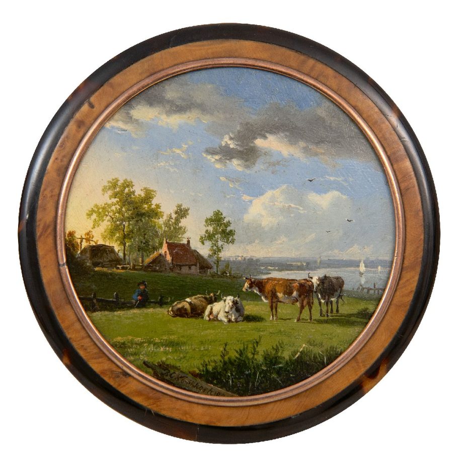 Barend Cornelis Koekkoek - Lidded box with cows in riverlandscape, copper, wood,  cm, signed l.m. and dated 1838