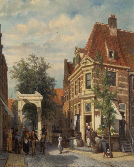 Cornelis Springer - A busy Binnenveer in Weesp, oil on panel 49.9 x 40.5 cm, signed l.l. and dated 1877