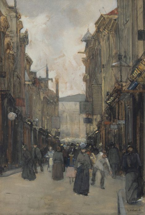 Floris Arntzenius - A busy Spuistraat in The Hague, watercolour and gouache on paper 50.1 x 33.9 cm, signed l.r.